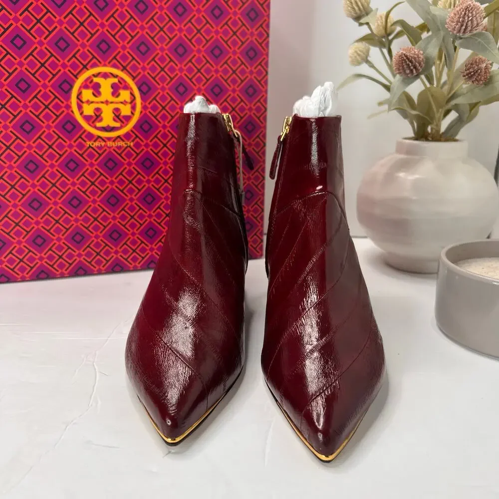 Tory Burch Lila 25mm Eel Leather Bootie Side Zip Wine Women's 5.5M NWB